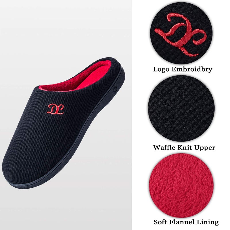 DL Men's Memory Foam Slip-On Slippers for Indoor Outdoor Use - Non-Slip Hard Rubber Sole, Warm Soft Flannel Lining, Black and Red, Size 9-10 - Image 5